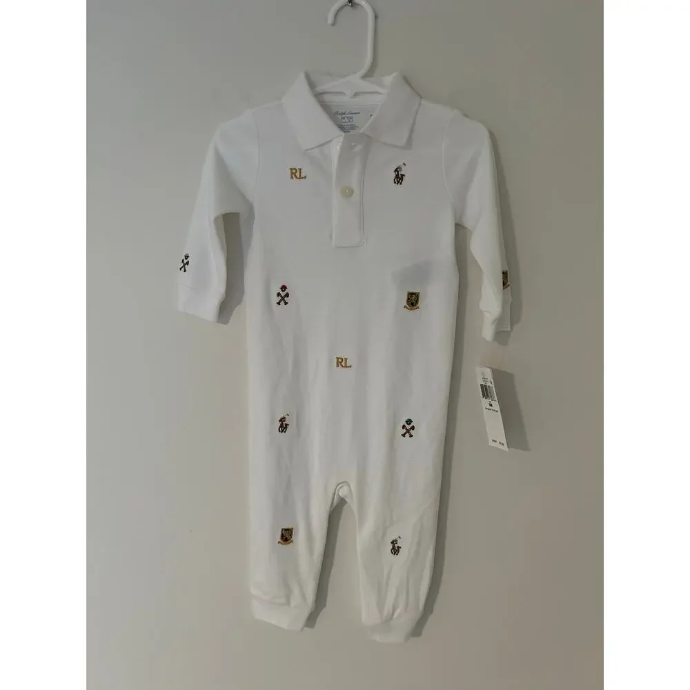 NWT Ralph Lauren Polo Baby Embroidered Cotton Coverall Baby Boy Collared White
